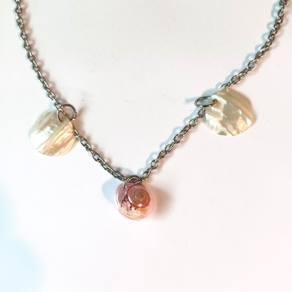 Mother of Pearl Nacre Shells on a Surgical Stainless Steel Chain Necklace - Picture 2 of 6
